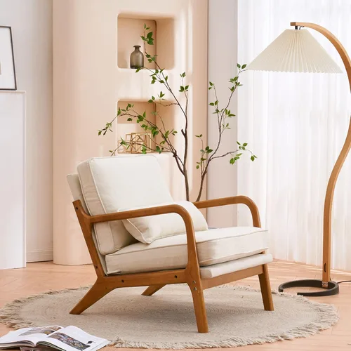 Miniatura 4 de Silla de ocio con reposabrazos y patas de madera maciza, silla de sala de estar moderna de mediados de siglo, sofá individual, para sala de estar