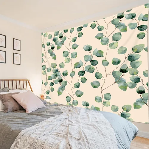 Miniatura 17 de HVEST Tapiz de hojas de eucalipto para colgar en la pared, hojas de eucalipto verdes sobre fondo beige, tapiz para colgar en la pared, tapiz