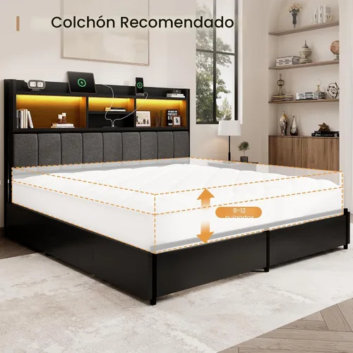 Miniatura 8 de BRELTAM Base de cama Queen con 6 cajones de almacenamiento, cabecera tapizada de lino, estación de carga USB integrada e iluminación LED, soporte