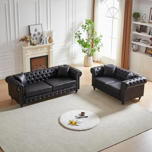Miniatura 17 de Juego de sofá moderno de 2 piezas de mediados de siglo, sofá Chesterfield retro con botones copetudos, muebles para la sala, cómodo asiento profundo