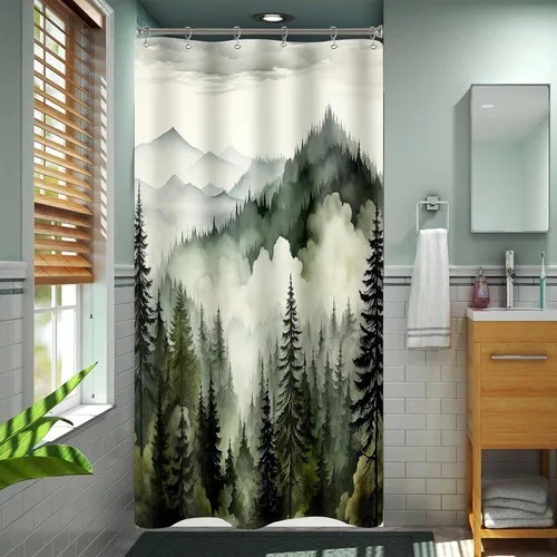 Miniatura 28 de Cortina de ducha pequeña de 36 x 72 pulgadas, cortina de medio tamaño de bosque brumoso, cortina de ducha estrecha mitad negra y blanca de montaña