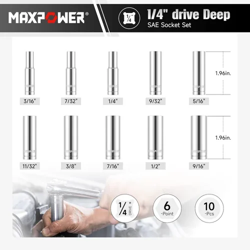 Miniatura 2 de MAXPOWER Juego de 10 llaves profundas de 1/4 pulgadas, SAE, enchufes de 6 ponits de 3/16 pulgadas, 7/32 pulgadas, 1/4 pulgadas, 9/32 pulgadas, 5/16
