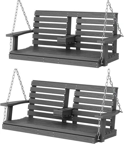 Miniatura 46 de KINGYES Columpio colgante para porche al aire libre, silla de columpio de patio de 2 asientos con portavasos, banco impermeable para patio y jardín