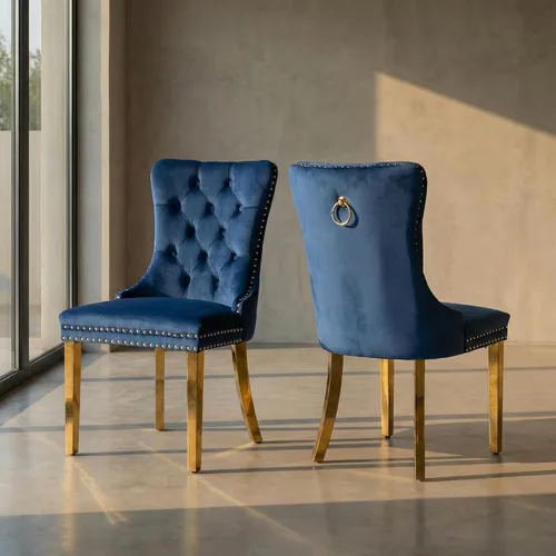 Miniatura 34 de Juego de 2 sillas de comedor de terciopelo, sillas de comedor copetudas de mediados de siglo con anillo trasero de cabeza de clavo, patas de metal
