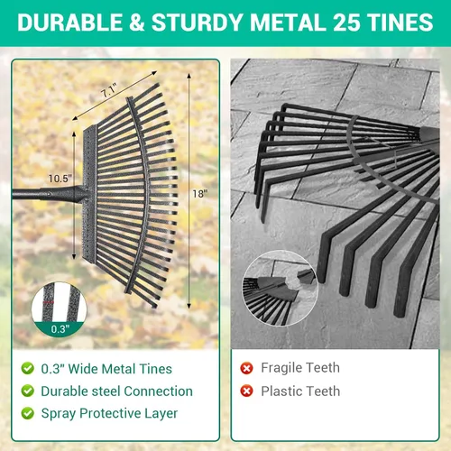 Miniatura 3 de Rastrillo de jardín ajustable para hojas de 36 a 73 pulgadas de mango largo, 18 pulgadas de ancho, resistente con 25 dientes de metal, incluye