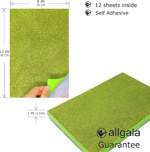 Miniatura 2 de Allgala Paquete de 12 hojas de papel de espuma EVA con purpurina de 8 x 12 pulgadas, autoadhesivas, color lima, perfecto para proyectos de arte