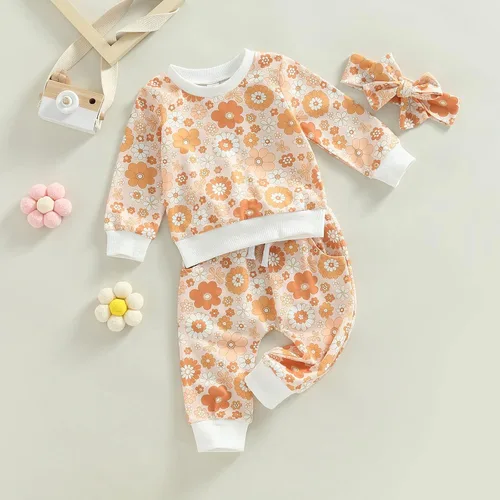 Miniatura 36 de Mandizy Conjunto de ropa de bebé niña otoño 3 6 9 12 18 24 meses sudadera de manga larga y pantalones con estampado floral y diadema