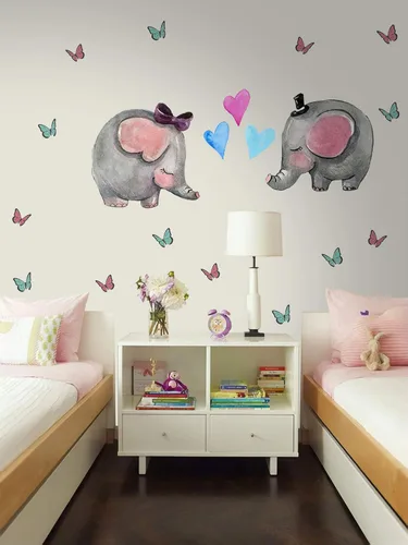 Cute Elephant Wall Decal For Kids Animal Wall Sticker Colorful Butterfly Peel n Stick Pink Heart Decals for Nursery Room Decor Babyroom Playroom