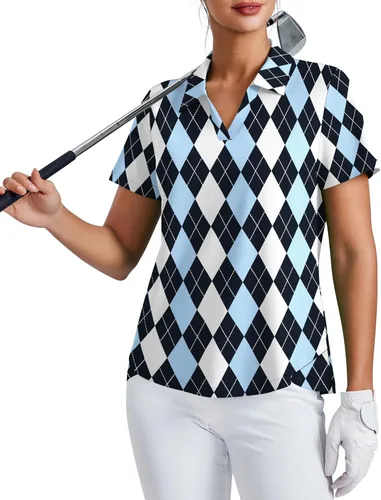 Miniatura 6 de PINSPARK Camiseta de golf para mujer, de manga corta, con protección UPF 50+, camiseta de tenis, cuello en V, para entrenamiento, ropa deportiva