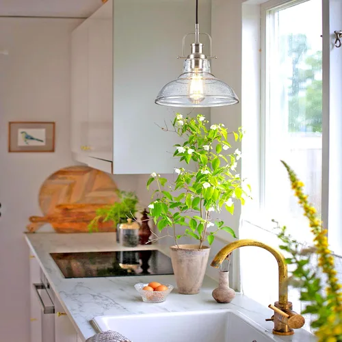 Miniatura 6 de Zlepmlla Lámpara colgante moderna de cristal, lámpara industrial de granja con cable ajustable, pantalla de vidrio semillado, luces colgantes