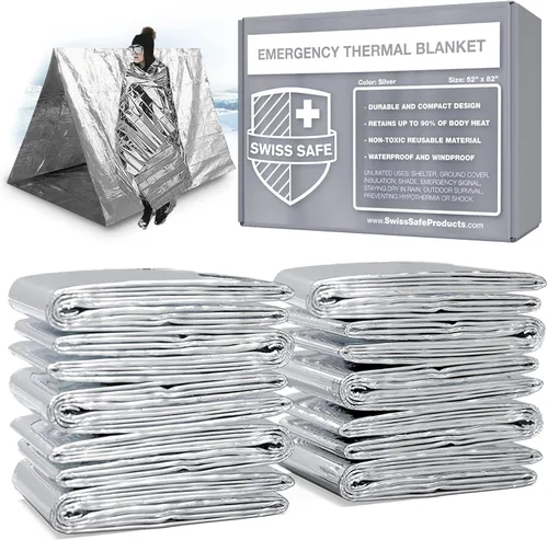 Swiss Safe Mantas térmicas de Mylar de emergencia + manta espacial adicional, compacta y aislada para clima frío, diseñada para la NASA, campamento