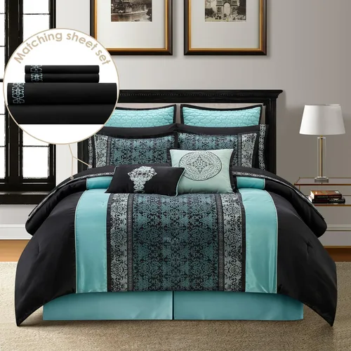 Miniatura 7 de Stratford Park - Juego de edredón de damasco de plata/marfil con mosaico, 8 piezas, funda de almohada de jacquard, falda de cama, almohada