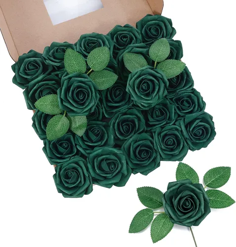 Miniatura 30 de DuHouse 25 rosas artificiales con tallos, flores de espuma de tacto real para bricolaje, ramo de boda, centro de mesa, arreglo floral, fiesta, Verde