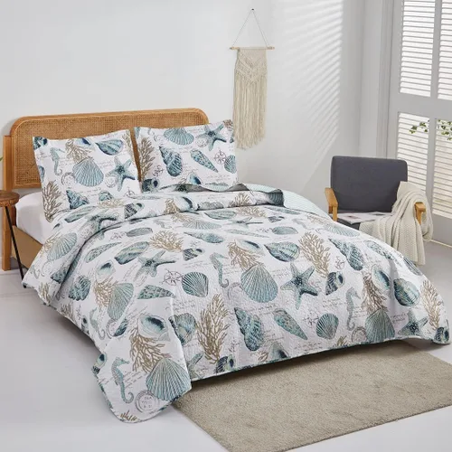 Miniatura 5 de 3 piezas de colcha de conchas de playa tamaño Queen, diseño de tema oceánico, conchas de mar, concha de concha, colcha de verano ligera y delgada