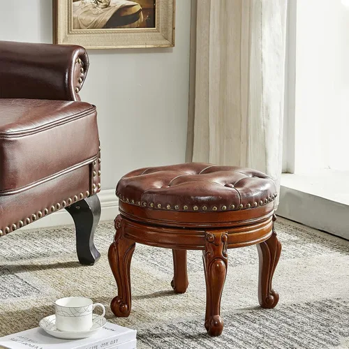 Miniatura 2 de Taburete de pie de madera maciza, reposapiés otomano redondo de mediados de siglo con cojín de cuero de microfibra para sala de estar, dormitorio