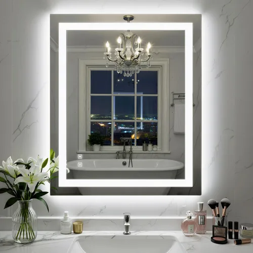 Miniatura 22 de Espejo de baño LED de 24 x 32 pulgadas con luces, espejo de tocador de baño con marco negro con luz frontal + retroiluminación para pared, vidrio