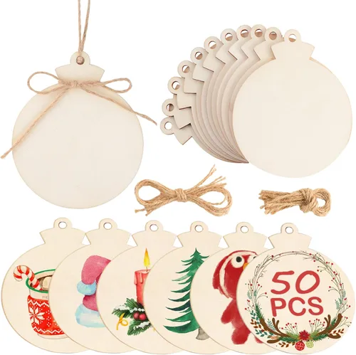 Miniatura 8 de OurWarm 48 adornos de Navidad de madera, 6 estilos de adornos de rebanadas de madera sin terminar, juego de adornos de Navidad con campanas