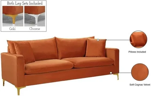 Miniatura 6 de Meridian Furniture 633Cognac-S Colección Naomi Modern Sofá tapizado de terciopelo contemporáneo con acolchado de canal profundo y patas de acero