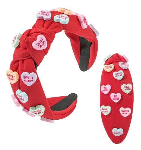 Miniatura 7 de Diadema roja adornada de corazón para el día de San Valentín, diadema anudada con dije de corazón de cristal brillante, antideslizante, nudo