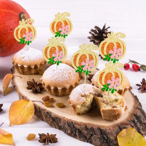 Miniatura 6 de 24 adornos de calabaza para cupcakes con purpurina para otoño, hojas, flores, calabaza, cupcakes, decoración de pasteles para Halloween, decoración