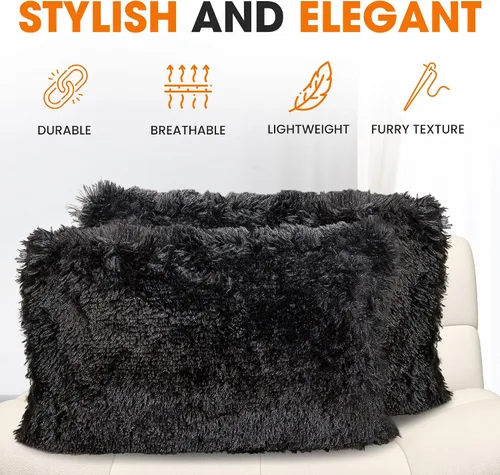 Miniatura 5 de Cheer Collection Almohadas para sofá y cama, almohadas suaves y peludas con rellenos incluidos, acogedoras almohadas de pelo sintético de pelo Negro