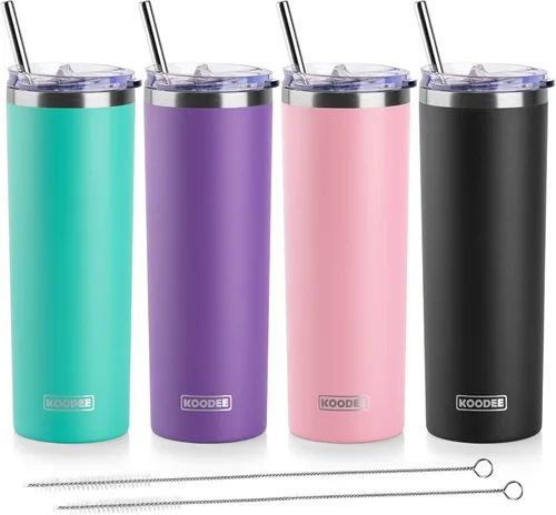Miniatura 45 de Koodee - Vaso delgado de acero inoxidable de 20 onzas (4 unidades) aislado con doble pared, vaso de agua con 4 tapas, 4 popotes y 2 cepillos