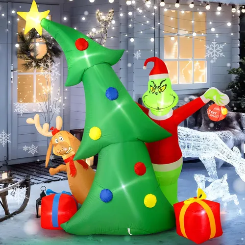 Miniatura 3 de Hioasis Decoración inflable de Navidad para exteriores de 9 pies, árbol con monstruo verde de Navidad, perro y cajas de regalo con luces LED