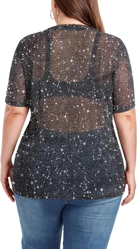 Miniatura 5 de ForHailey Blusa de manga corta transparente de malla para mujer, talla grande