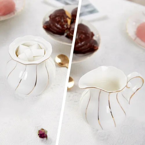 Miniatura 4 de DUJUST Juego de crema blanca y azúcar, diseño británico de lujo en bordes dorados, 1 azucarero con tapa (12 onzas), 1 crema (8 onzas), juego