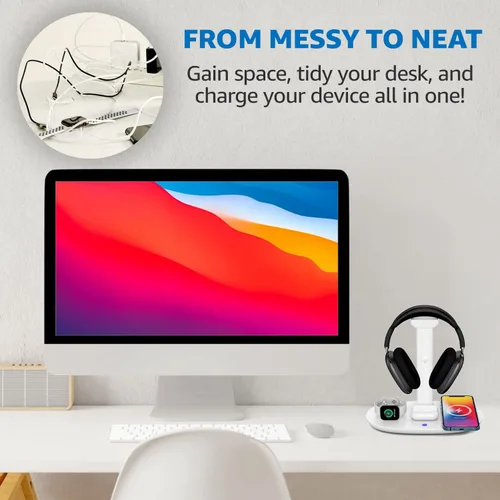 Miniatura 4 de Cargador inalámbrico 4 en 1 con soporte para auriculares para iPhone 17 16 15 14 13 12 Pro Max, Apple Watch 11 10 Ultra SE, AirPods Max 4 y Samsung