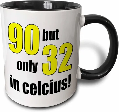 3dRose 90 pero solo 32 en Celsius. Amarillo. Taza negra de dos tonos de 11 oz