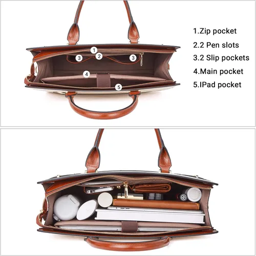 Miniatura 5 de BROMEN Maletín de cuero para mujer 15.6 pulgadas Vintage Laptop Shoulder Bag Business Tote Bolso de trabajo