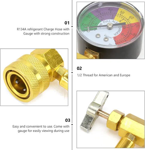 Miniatura 3 de Vaguelly Kit de recarga de aire acondicionado/manguera de carga con medidor para coche, 1/2 recarga kit de medición de presión de grifo kit