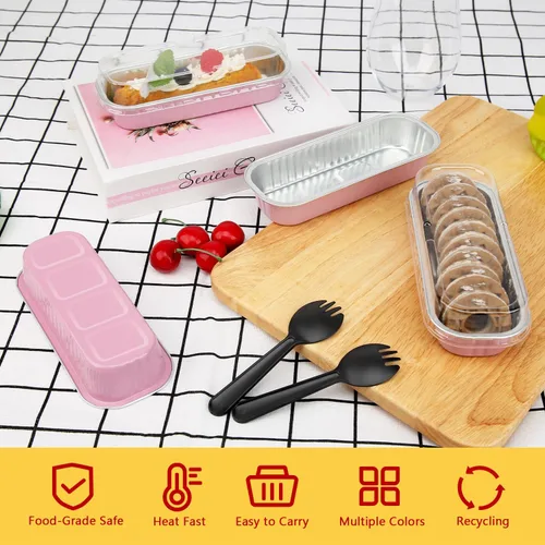 Miniatura 2 de Mini Moldes para Pan de 6.8oz con Tapas Paquete de 100, LNYZQUS Moldes de Aluminio Rectangulares Mini Moldes para Pasteles, Moldes Desechables