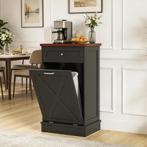 Betterhood - Gabinete de basura basculante de 10 galones, de madera, independiente, clasificador de ropa, con cajón oculto, gabinete de basura Negro