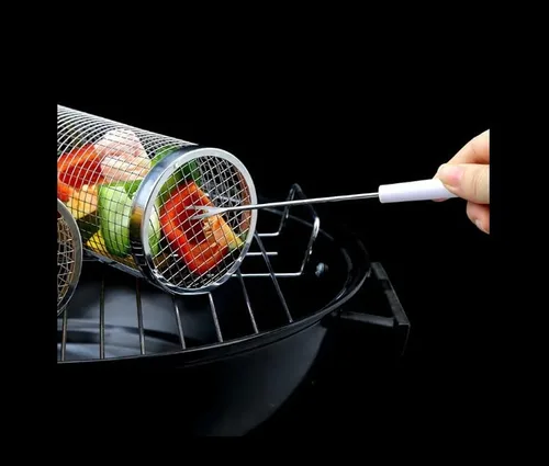 Miniatura 5 de Cesta rodante para barbacoa con tapa, cesta de barbacoa de acero inoxidable para exteriores, accesorios de cocina cilíndricos de malla redonda
