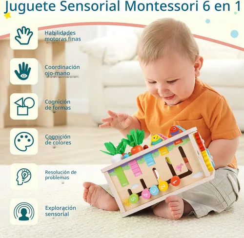 Miniatura 3 de Ancaixin Cubo de Actividad de 6 en 1 de Caja de Tejidos Montessori para Bebés de 6+ Meses, Cubo de Actividad de Madera, Rompecabezas para 12-18