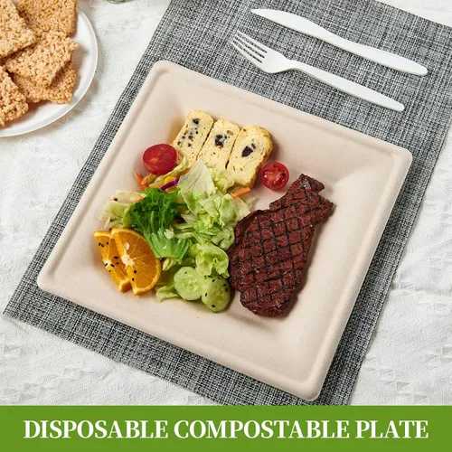 Miniatura 4 de ECOLipak Paquete de 125 Platos de Papel Cuadrados Compostables de 6 Pulgadas Desechables, Platos de Caña de Azúcar Biodegradables Ecológicos de Alta