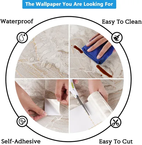 Miniatura 9 de CRE8TIVE Papel de contacto de mármol líquido dorado beige para armarios, papel tapiz de mármol brillante para encimeras de despegar y pegar, Oro