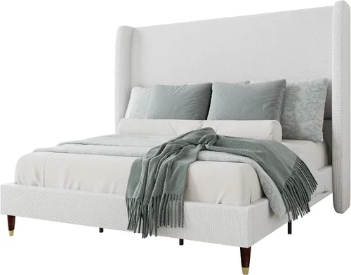 Miniatura 9 de Jocisland - Base de cama tapizada tamaño Queen con cabecera de ala alta de 51.2" con patas de madera maciza, no necesita cajón de resortes