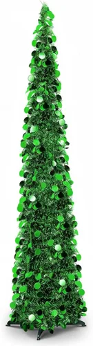 Aoriher Árbol de Navidad de Oropel Verde Preiluminado Emergente de 5 pies, Decoración Reutilizable Plegable Artificial con Lentejuelas, Árbol