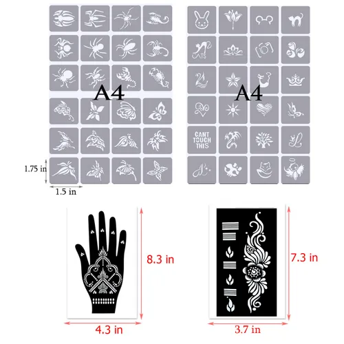 Miniatura 3 de Kit de Plantillas de Tatuajes Temporales de Henna de 16 Hojas, 72 PIEZAS Patrones de Animales y Flores Henna para Pintura Facial Plantillas de Arte