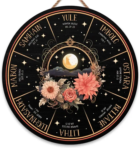 Miniatura 18 de Artsy Woodsy Letrero de madera de la rueda del año (no tallado) para decoración del hogar, bruja, pagana, Wicca, días festivos celtas, regalos 25