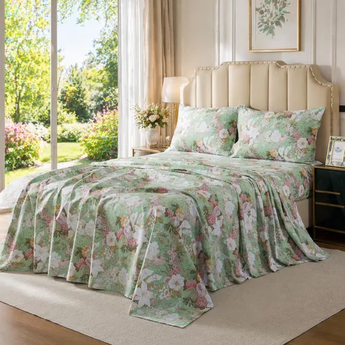 Miniatura 2 de FADFAY Juego de sábanas tamaño King, 100% algodón, elegante ropa de cama de granja con hojas verdes menta y flores blancas, sábana suave