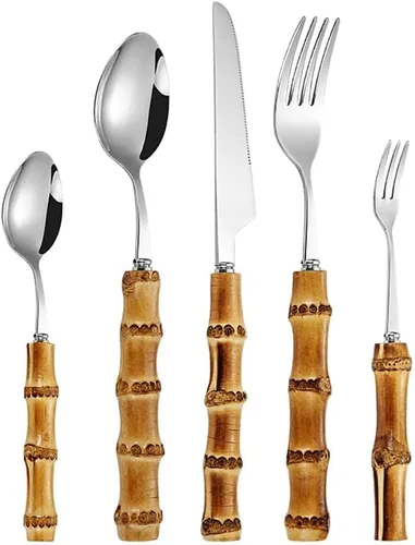 Miniatura 11 de juegos de cubiertos plateados de bambú, juegos de cubiertos de bambú para 18, juegos de cubiertos de cocina domésticos, se recomienda lavar a mano