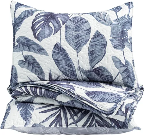 Miniatura 7 de HORIMOTE HOME Juego de edredón de plantas tropicales, tamaño individual, 2 piezas, hojas de palma azul, estilo selva, estampado fino, reversible