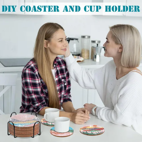 Miniatura 5 de 8 posavasos de pintura de diamantes para manualidades, paisaje, bricolaje, 5D, kit de pintura de diamante, posavasos brillantes con soporte
