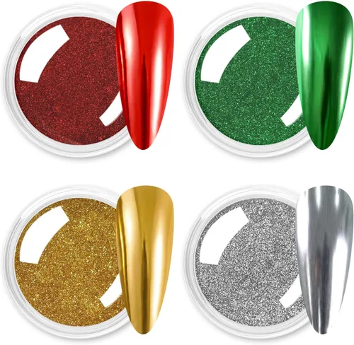 Allstarry Polvo de uñas cromado, 4 colores, efecto espejo metálico, pigmento cromado, iridiscente, purpurina mágica de unicornio, kit de polvo para