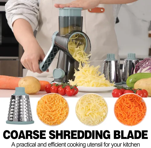 Miniatura 3 de Rallador de queso con 3 cuchillas intercambiables, rallador giratorio de queso, rebanador manual de verduras con base de succión antideslizante