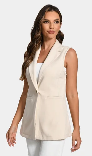 Miniatura 2 de Foucome Chaleco largo sin mangas para mujer, con solapa, traje de oficina, informal, chaqueta de gabardina
